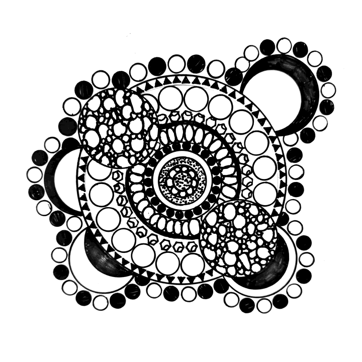 Crescent Spiral: bold black crescents and circles in ink by Brooke Elaine.